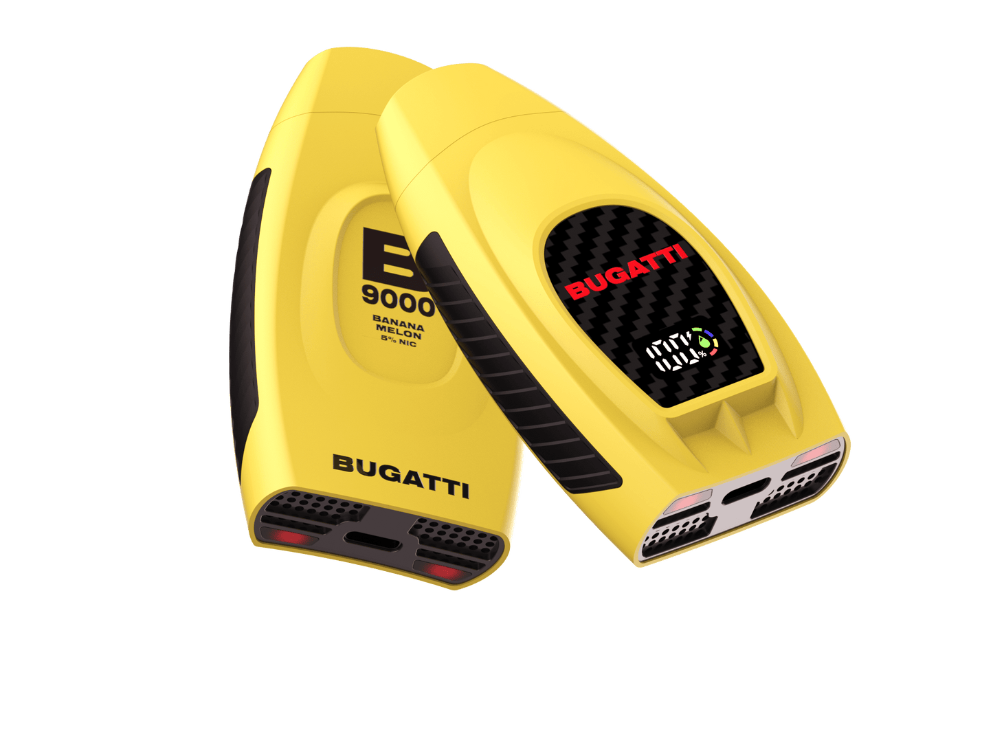A yellow disposable e-cigarette with the Bugatti brand logo on the front, featuring a black and red LED indicator, and a battery capacity of 650mAh.
