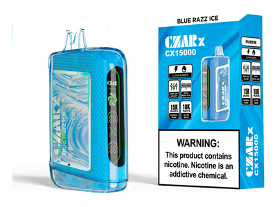 The image shows a disposable vape device with a blue raspberry flavor, its packaging, and a warning label indicating that it contains nicotine.