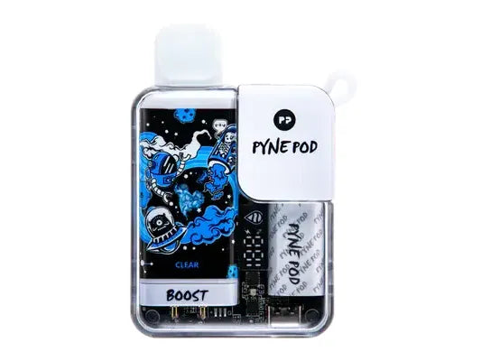 Pyne Pod Disposable Vape in Clear flavor, featuring a minimalist design with quick charge, flavor enhancer, and a clear display.
