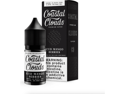 A 30ML bottle of Coastal Clouds Melon Berries Iced Salts e-liquid with a dropper, next to its black and white packaging box that indicates it contains nicotine.