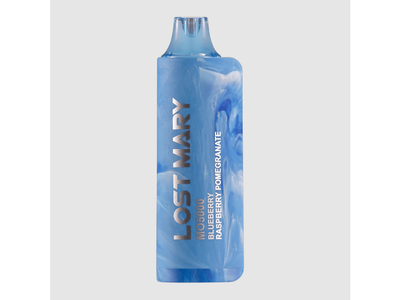 A disposable vape device with a blue and white design, labeled 'Lost Mary Blueberry Raspberry Pomegranate'.