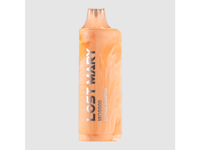 A disposable vape device with a citrus orange color and labelled 'Lost Mary Citrus Sunrise'.