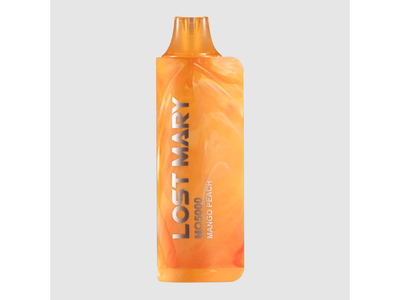An orange disposable vaporizer with 'Lost Mary' written on it, indicating the flavor profile of mango peach.