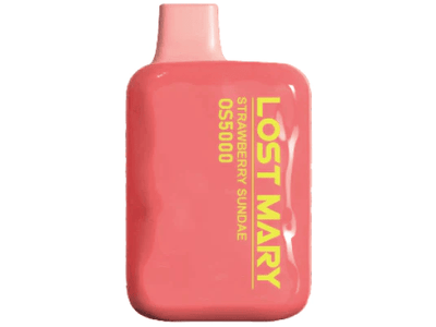 A pink disposable vaping device labeled 'Lost Mary Strawberry Sundae' with a capacity of 650mAh and 5000 puffs.