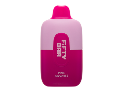 A pink disposable vape labeled 'FIFTY BAR PINK SQUARES' with a capacity of 16ml and 6500 puffs.