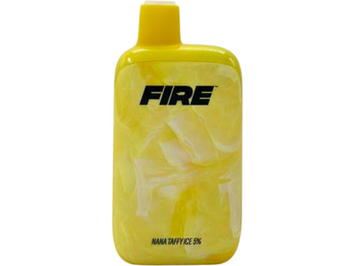 A yellow disposable vape device with 'FIRE' branding and 'Nana Taffy Ice 512' printed on it.