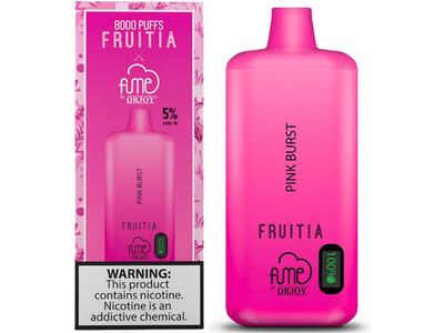 Fume Fruitia Pink Burst flavored disposable vape device and box.