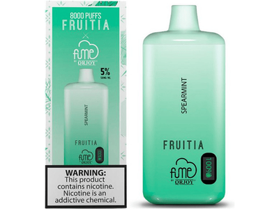 Fume Fruitia Spearmint flavored disposable vape and box.