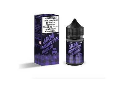 A 30ML bottle of Blackberry Jam Monster Salts e-liquid with a dropper, next to its packaging that warns it contains nicotine.