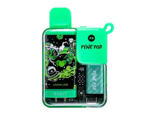 Pyne Pod Disposable Vape in Lemon Lime flavor with a sleek design, fast charging capability, and vibrant citrus essence.