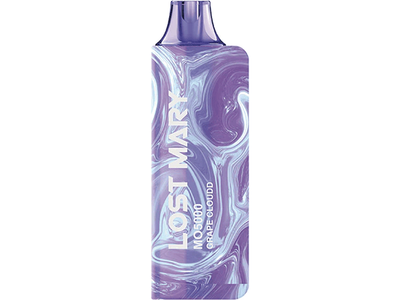 A disposable vape device with a purple and pink marbled design, featuring the text 'Lost Mary' and '5000 puffs' on its surface.