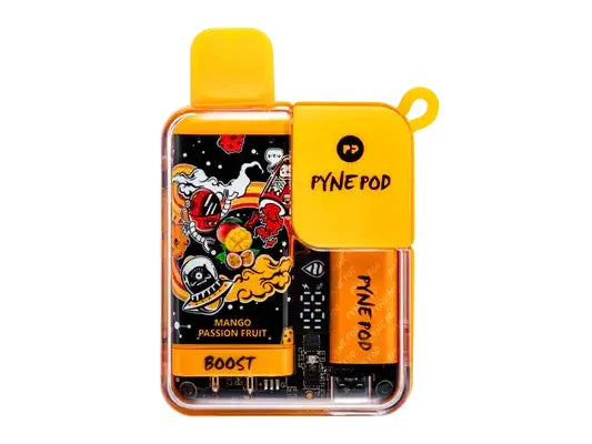Pyne Pod Disposable Vape in Mango Passion Fruit flavor, featuring quick charging, a vibrant design, and a rich tropical taste profile.