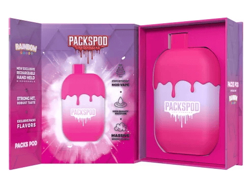 Packspod Rainbow flavored disposable vape device.