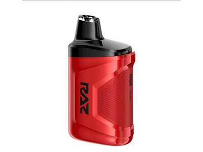 A red and black RAZ CA6000 disposable vape device with a visible liquid chamber and digital display.