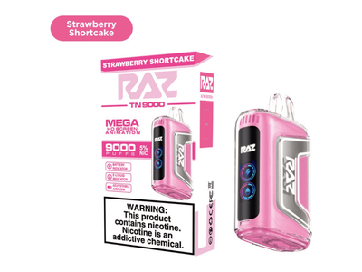 Raz TN9000 Strawberry Shortcake flavored disposable vape device and box.