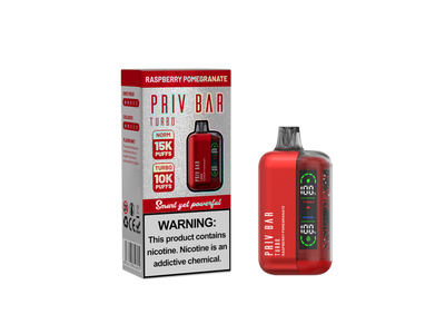 A product image featuring the Raspberry Pomegranate Priv Bar Turbo, which includes a red and black vaping device and a packaging box with product information.