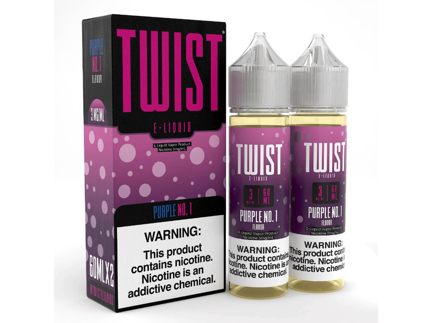 Two bottles of Twist E-Liquid, Purple NO.1, with a nicotine warning label, one in front of the other, against a white background.