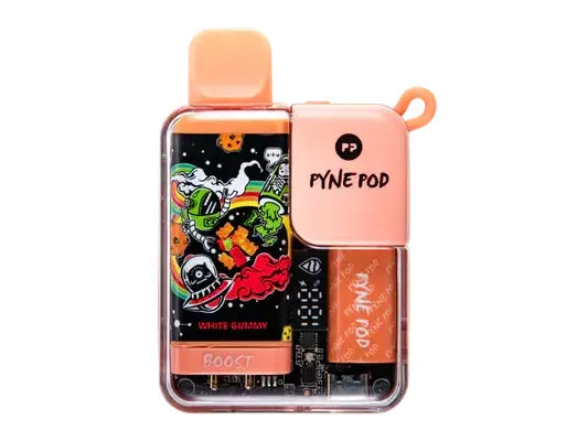 yne Pod Disposable Vape in White Gummy flavor, highlighting a sleek design, rapid charging feature, and a sweet, tangy candy essence.