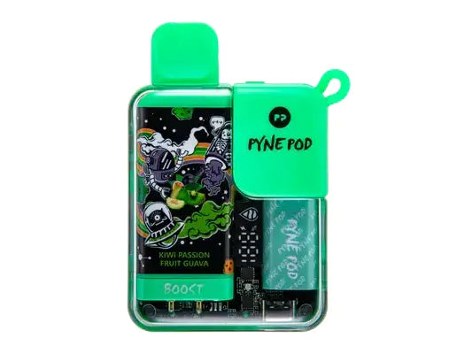 Pyne Pod Disposable Vape in Kiwi Passion Fruit Guava flavor, showcasing its vibrant design, efficient charging, and tropical flavor profile.