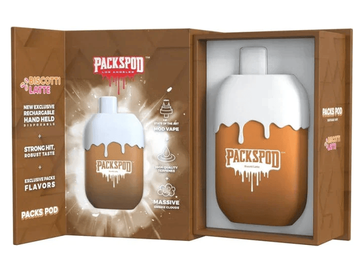 Packspod Biscotti Latte flavored disposable vape device.