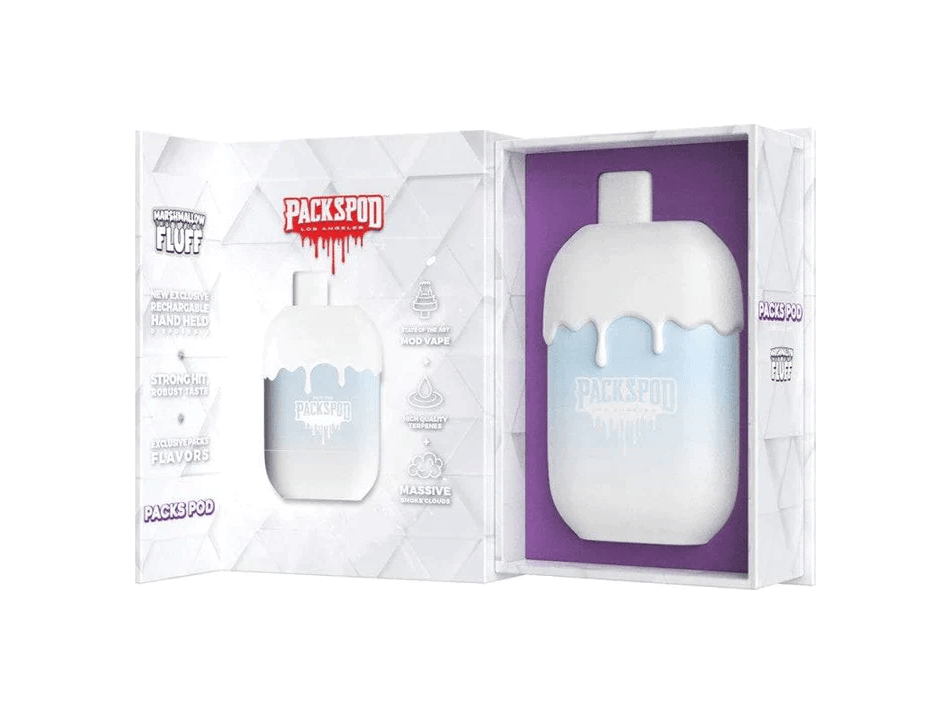 Packspod Marshmallow Fluff flavored disposable vape device.