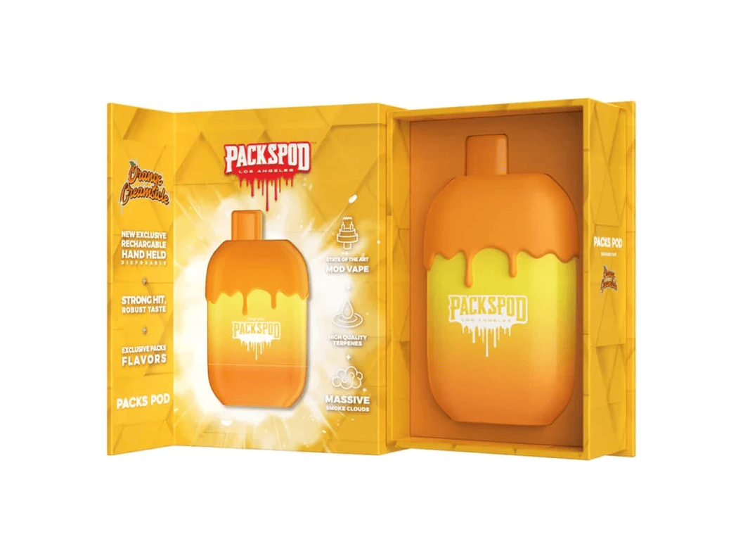 Packspod Orange Creamsicle flavored disposable vape.