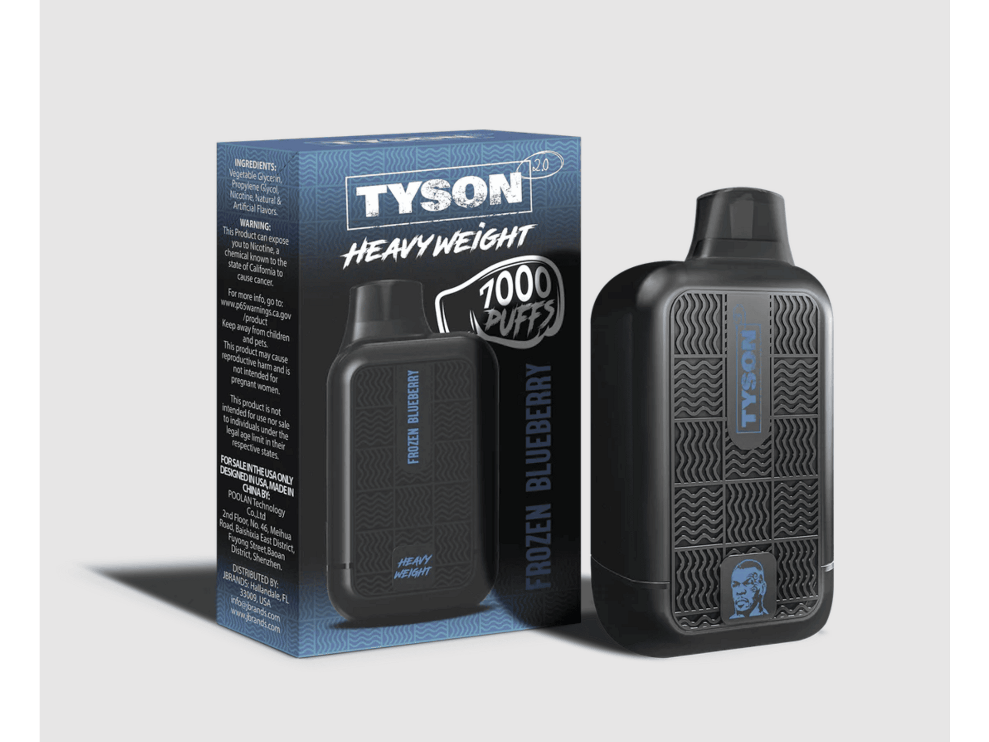 Tyson Heavyweight Frozen Blueberry flavored disposable vape device and box.