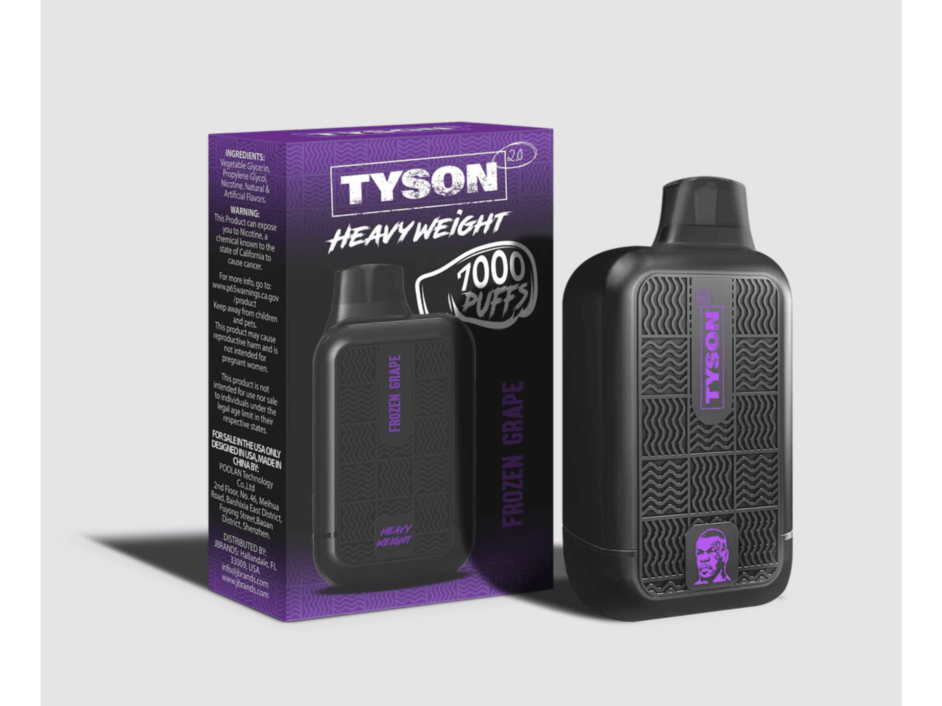 Tyson Heavyweight Frozen Grape flavored disposable vape device and box.