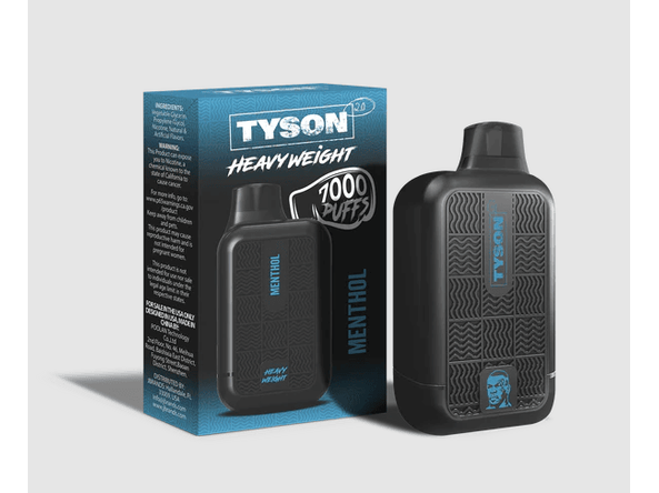 Tyson Heavyweight Menthol flavored disposable vape device and box.