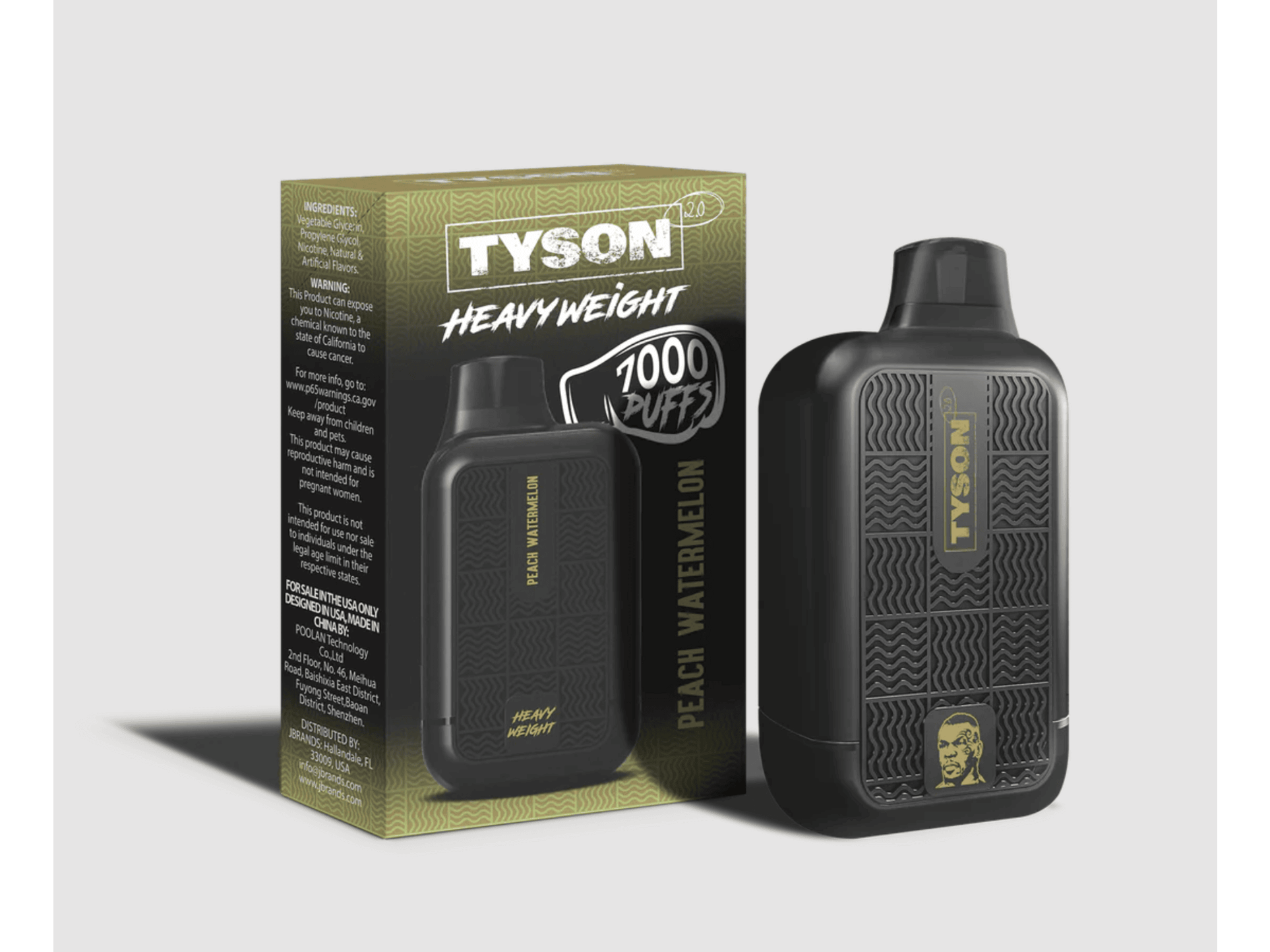 Tyson Heavyweight Peach Watermelon flavored disposable vape device and box.