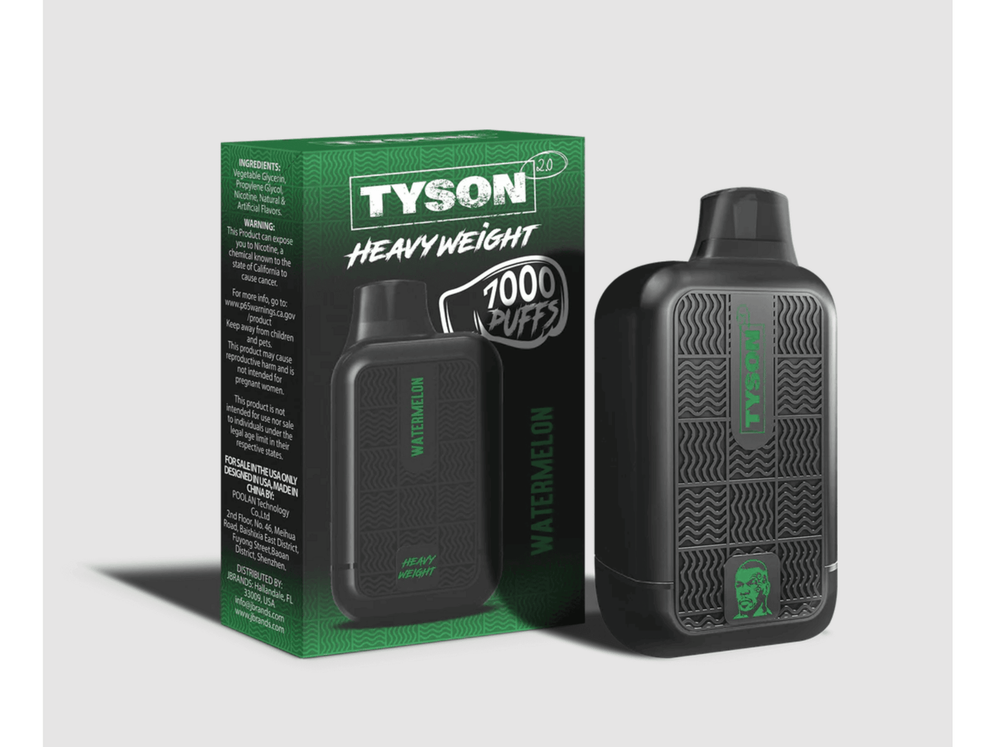 Tyson Heavyweight Watermelon flavored disposable vape device and box.